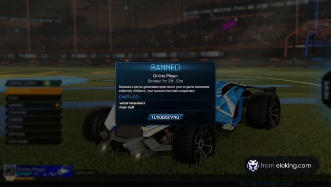 Screenshot of a banned notification in Rocket League game showing a car on the field