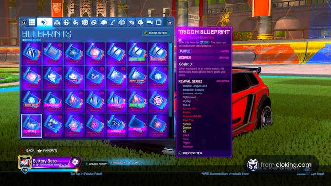In-game screenshot of Rocket League showing blueprints and a red sports car