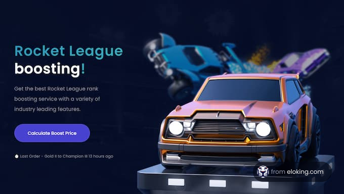 Promotional graphic for Rocket League boosting service featuring stylized cars