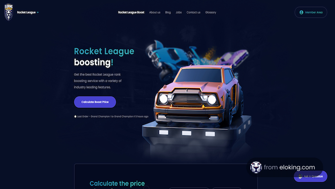 Promotional web page for Rocket League boosting service showing an orange car model