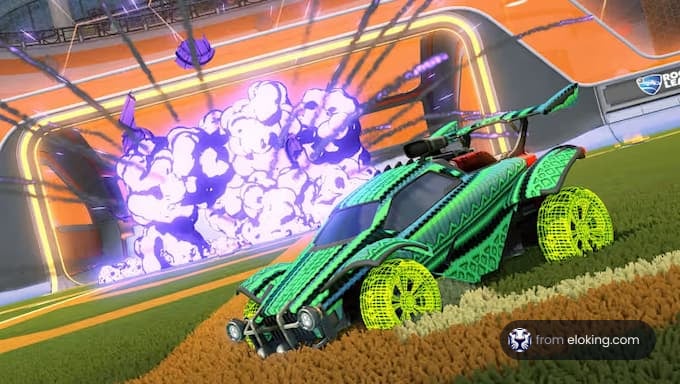 A vibrant green rocket car celebrating a goal with an explosion in the background.