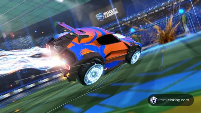 A rocket-powered car in action during a game of Rocket League.