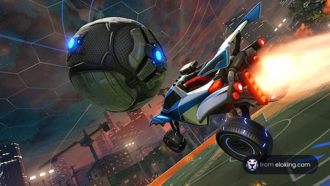 A rocket-powered car hitting a ball in an action-packed scene.