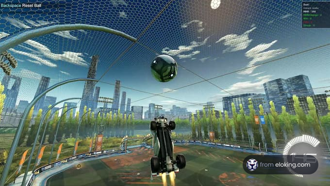 A car jumping to hit a ball in a futuristic soccer game.