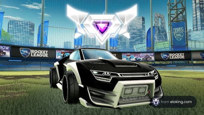 Futuristic car on a virtual soccer field in Rocket League game