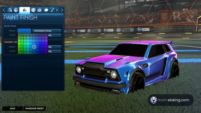 A customized car paint finish in Rocket League game