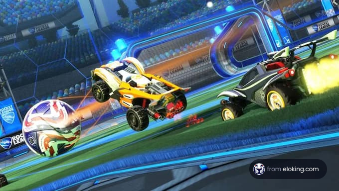 Two cars flying in Rocket League while kicking a ball