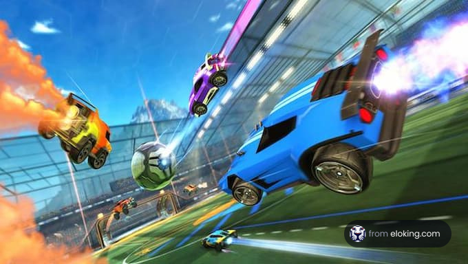 Exciting gameplay with cars flying around a soccer ball in Rocket League.