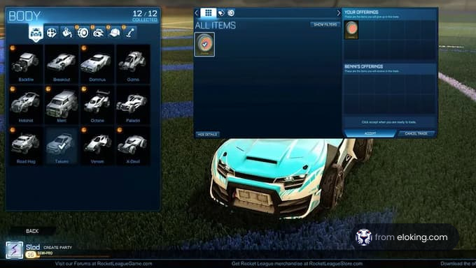 Screenshot of Rocket League customization screen and in-game car
