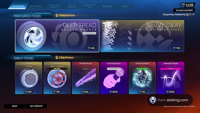 Featured items and daily items from Rocket League's shop, showcasing wheels, decals, and boosts.