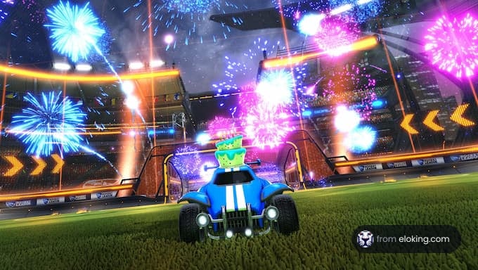A blue car celebrating with fireworks in Rocket League