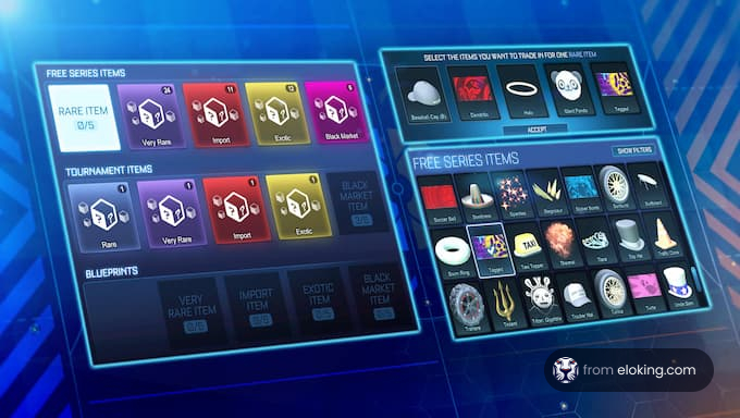 Overview of free series items and tournament items in Rocket League.