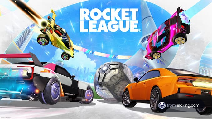 Exciting action from Rocket League featuring cars and a soccer ball