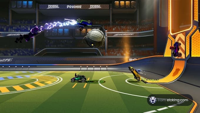 An exciting moment in Rocket League with cars, a ball, and a dynamic gameplay scene.
