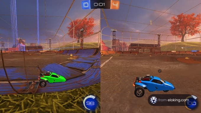 A comparison of two vehicles in Rocket League gameplay.
