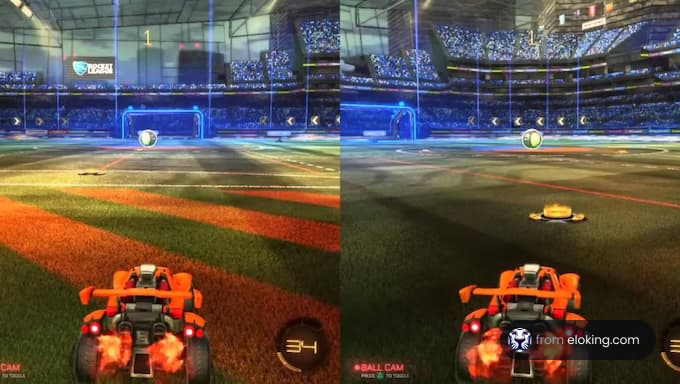 Rocket League gameplay showing cars in a soccer match
