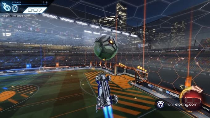 A Rocket League car about to hit a soccer ball mid-air