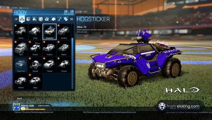 Screenshot of Rocket League customization menu showing Hogsticker car