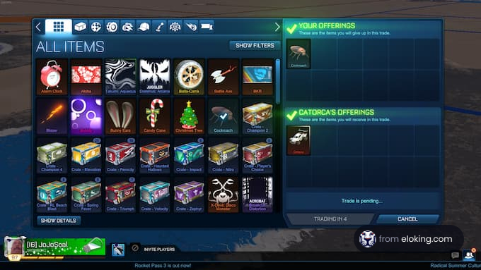 Screenshot of the Rocket League item trading interface showing various game assets