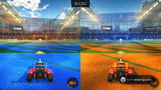 A comparison of two Rocket League matches with different team colors.
