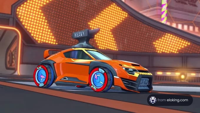 An orange car with a heavy sign in a futuristic setting