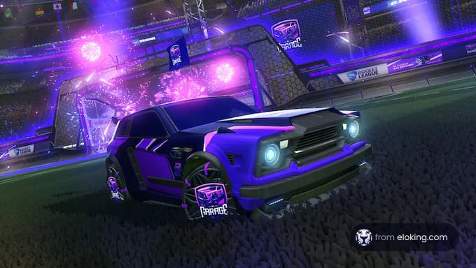 A vibrant purple car in Rocket League with an explosion in the background.