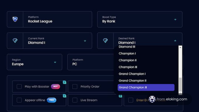 Interface of a rank boosting service for Rocket League, showing options for platform, region, and desired rank