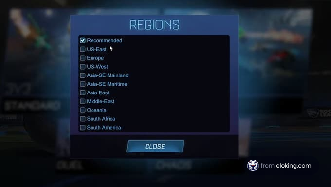 Rocket League regions settings with recommended regions listed