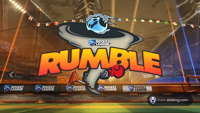 Rocket League Rumble mode with logo displayed in an arena