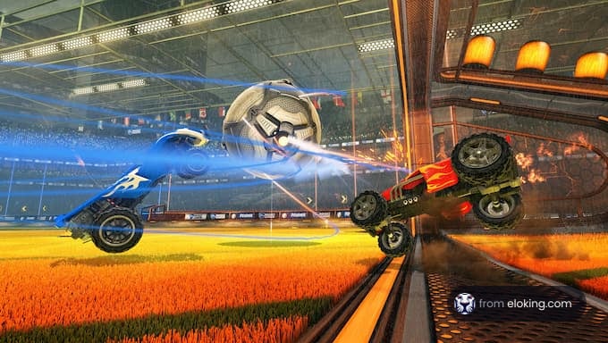 Exciting moment in a Rocket League match with cars and a soccer ball