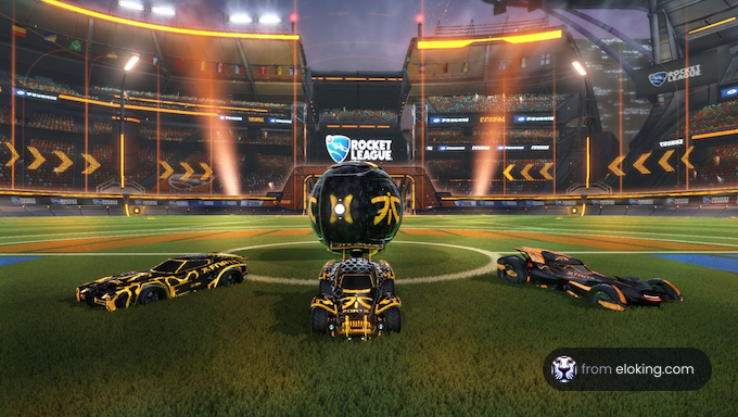 Rocket League game scene with cars on a stadium field