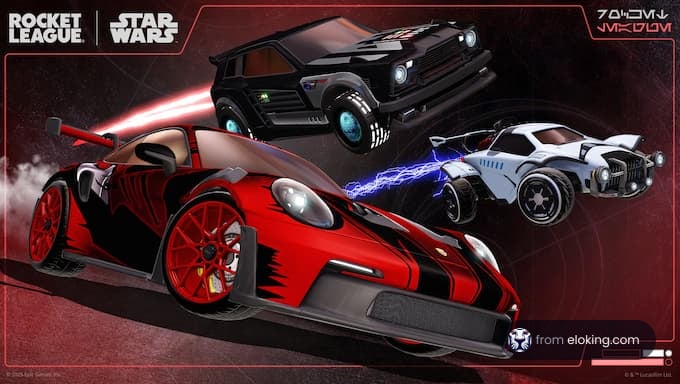 Three stylized cars from Rocket League featuring Star Wars themes.