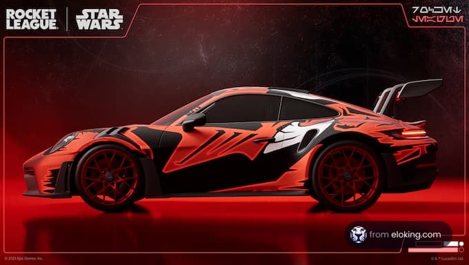 A Porsche sports car with a striking abstract design inspired by Star Wars in Rocket League.