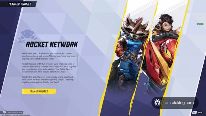 Team-up profile featuring Rocket Network characters.