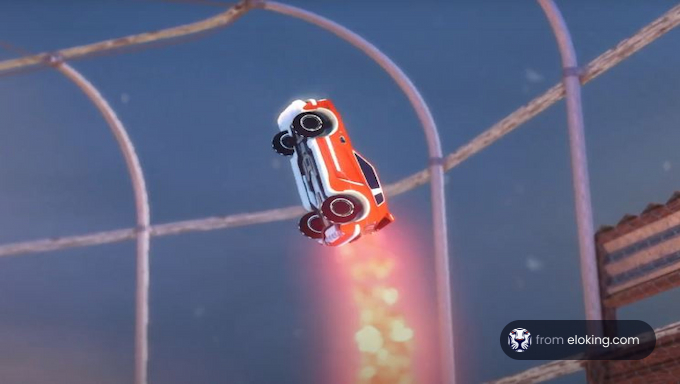 Rocket-powered car performing a stunt in an arena
