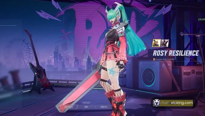 A character named Rosy Resilience in a colorful gaming environment