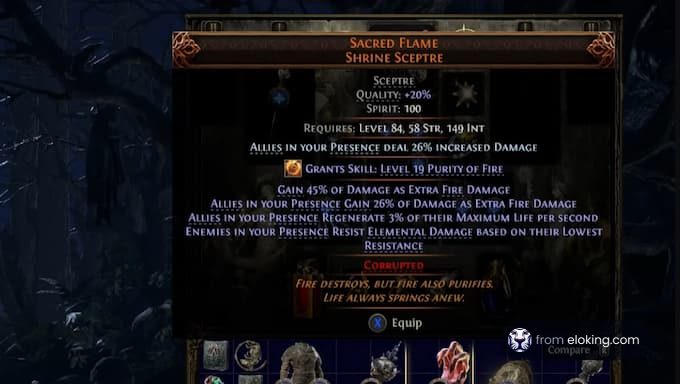 Description of Sacred Flame Shrine Sceptre with damage bonuses and required stats.