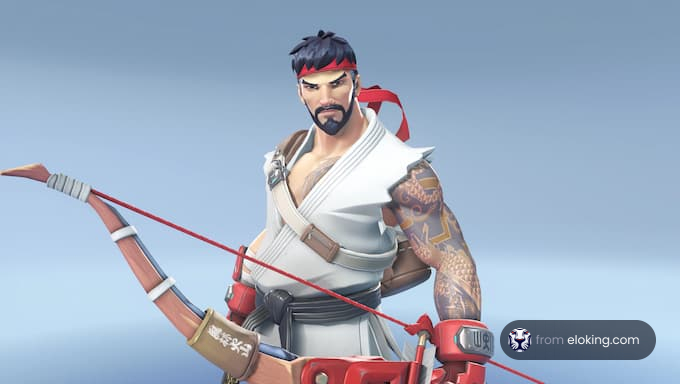 A stylized samurai archer character in a dynamic pose with a bow.
