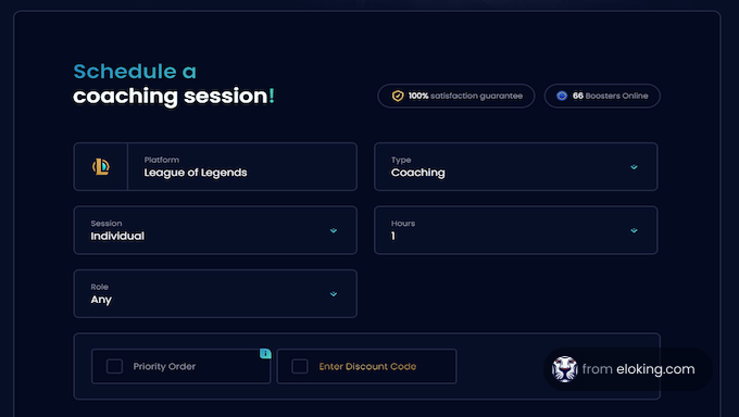 Interface for scheduling a coaching session for League of Legends, featuring options for platform, session type, duration, role, and a section to enter a discount code