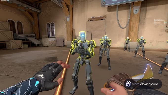 First-person view of a player in a sci-fi shooter game confronting robots