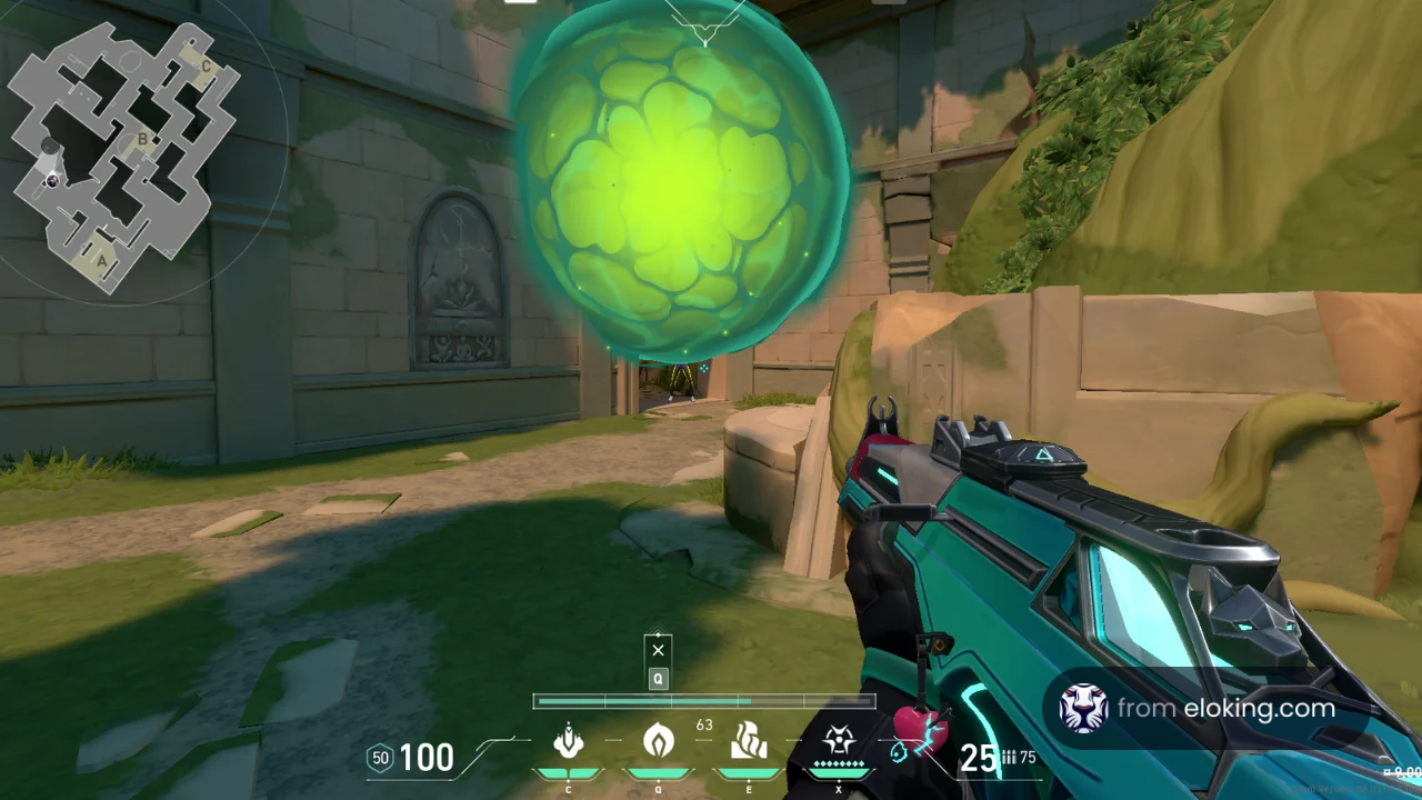 Player holding a futuristic rifle facing an energy sphere in a stone-walled pathway of a video game