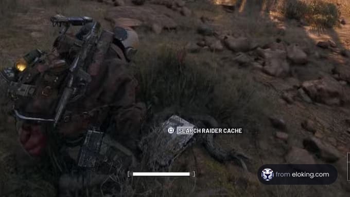 A character searching for a raider cache in a post-apocalyptic landscape.