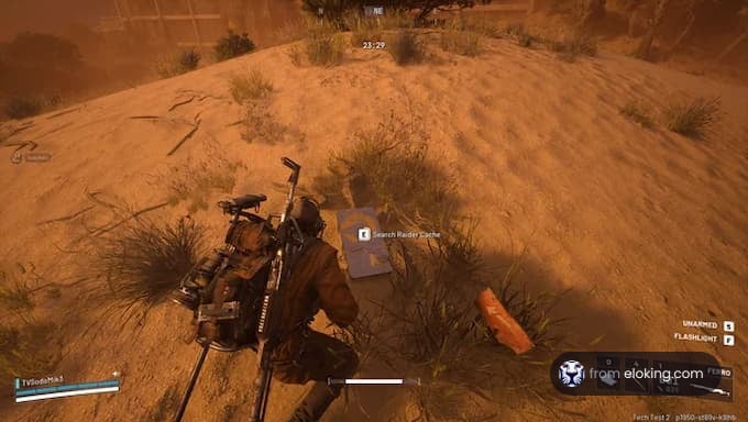 A character searching for resources in a desert environment during a game.