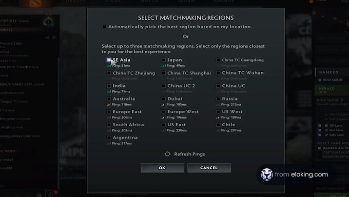 Screenshot of a matchmaking settings interface for selecting regions in a video game