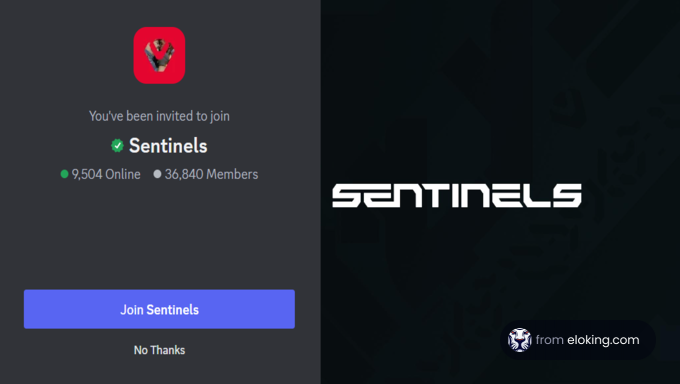 Invitation screen to join the Sentinels gaming community with member details