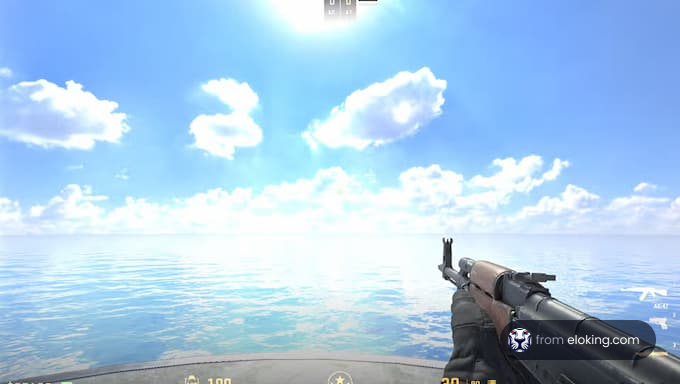 A serene ocean and sky view with a rifle in the foreground.