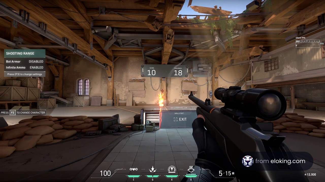 First-person shooter game screenshot showing a sniper scope aiming at a target in a wooden shooting range