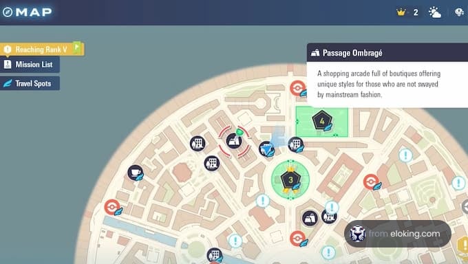 Map of the Passage Ombragé shopping arcade featuring unique boutiques and travel spots.