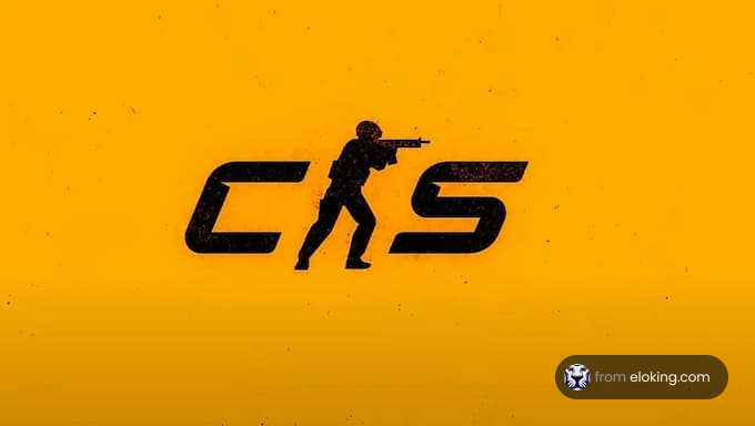 Silhouette of a shooter with a CS logo on a yellow background