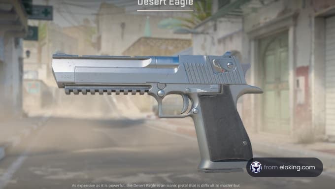 Silver Desert Eagle pistol with a street background